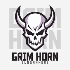 Skull with Horns: Logo, Mascot, Illustrated Art, Vector Graphic for Sports and E-Sport Teams, Horned Demon Skeleton as Mascot Head.

