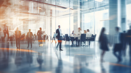 Long exposure shot of crowd of business people walking in bright office lobby fast moving with blurry
