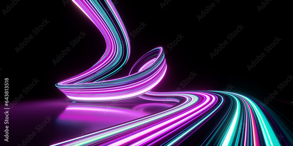 Wall mural 3d render. abstract panoramic background of twisted dynamic neon lines glowing in the dark room with