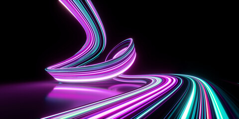 3d render. Abstract panoramic background of twisted dynamic neon lines glowing in the dark room with floor reflection. Virtual fluorescent ribbon loop. Fantastic minimalist wallpaper - obrazy, fototapety, plakaty