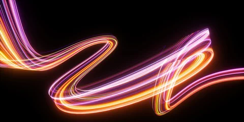 Foto op Plexiglas 3d render. Abstract neon wallpaper. Glowing dynamic lines over black background. Light drawing trajectory © NeoLeo