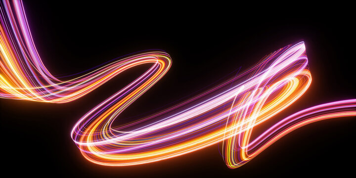 3d render. Abstract neon wallpaper. Glowing dynamic lines over black background. Light drawing trajectory