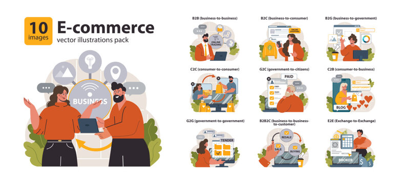 E-store and e-commerce set. Entrepreneur selling goods and gaining