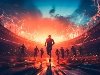 Silhouettes of athletes and sprinters running on the track at the Olympic stadium. The concept of victory and winning. Olympic Games. Generative AI