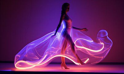 Woman wearing a neon lit dress in a studio