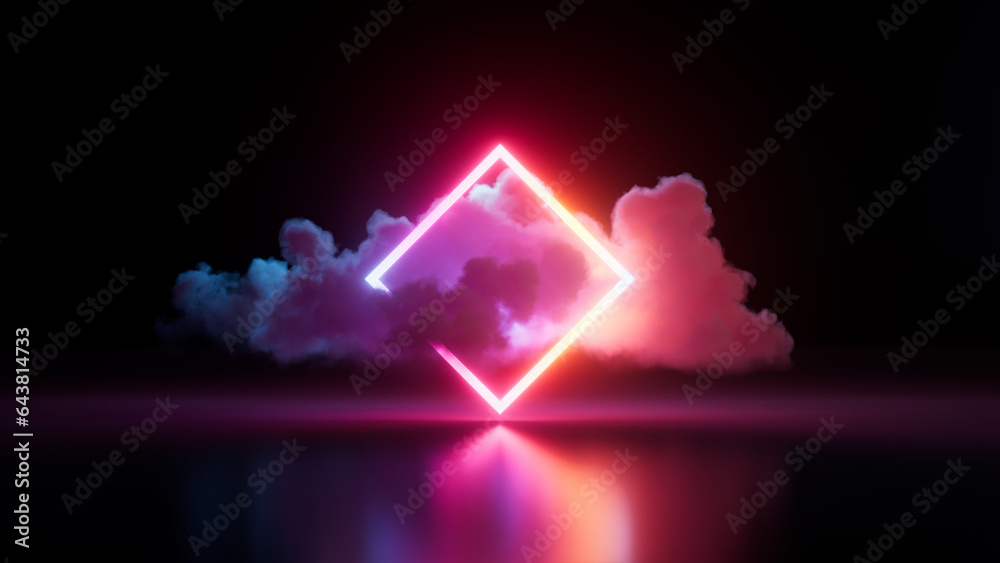 Canvas Prints 3d render, abstract minimalist geometric background. illuminated cloud and colorful neon rhombus fra