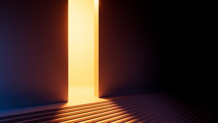 3d render, abstract geometric background. Warm orange light going through the door portal inside the empty dark room with steps