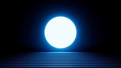 3d render, abstract minimalist blue geometric background. Bright light. Round shape glowing in the dark