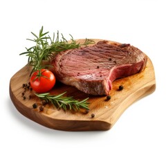 Photo of a delicious steak with a savory tomato and fragrant rosemary on a wooden cutting board