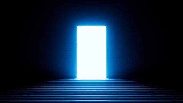 3d render, abstract minimalist blue geometric background. Bright neon light. Doorway portal glowing in the dark