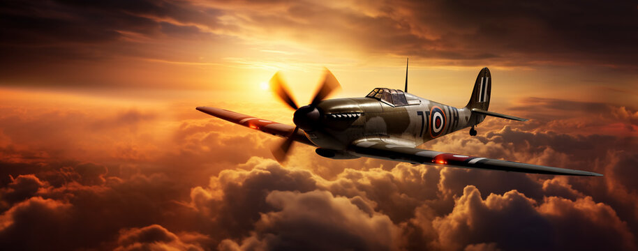 Illustration of  airplane depicting Supermarine Spitfire, famous fighter plane from second world war, gorgeous sunset background, horizontal, copy space