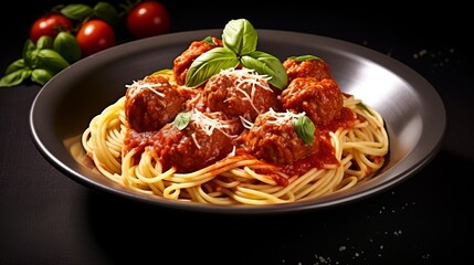 Photo of a delicious plate of spaghetti with meatballs and tangy tomato sauce