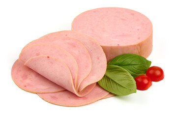 Sliced boiled pork sausage, boiled ham, isolated on white background.