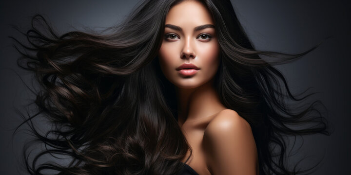 Beautiful woman with healthy long black hair. Glossy wavy hair