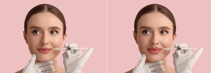 Beautiful young woman before and after getting filler injection in her lips on pink background