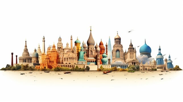 Travel. Collage of the most famous places in the world. Advertisement, postcard, poster, etc. item for. background white