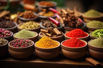 Oriental spices in wooden bowls - Flavor and Diversity  - AI Generated
