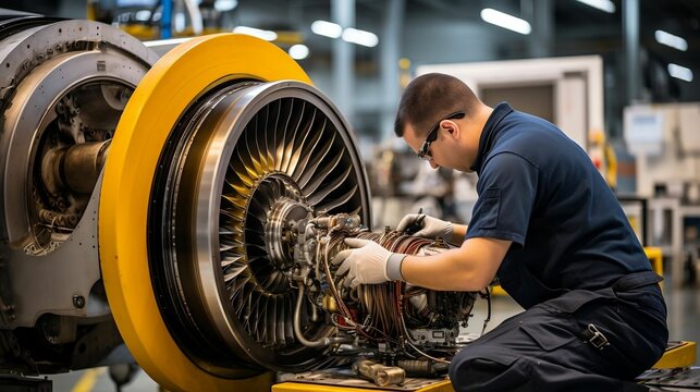 Aerospace engineer inspects a gleaming turbine jet engine
