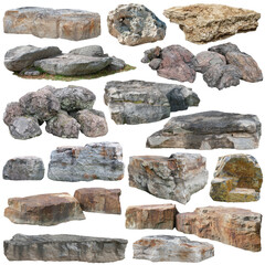 Set of stones isolated on transparent background. Variety of rocks and boulders.