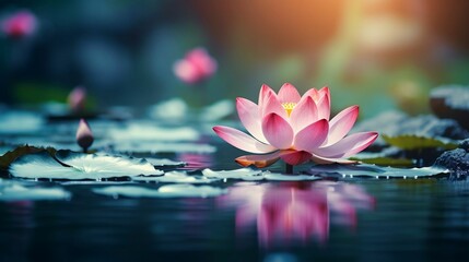 A solitary lotus blooms amidst serene waters