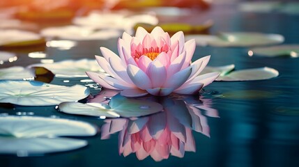 A solitary lotus blooms amidst serene waters