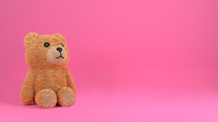 Sitting cute Teddy Bear fluffy toy with on pink background. 3D rendered banner.