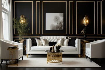 Sophisticated lounge featuring a pristine white couch adorned with opulent gold and black accents. Generative AI
