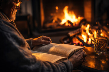 Moments of Reflection. Elderly person reading a book by a cozy fireplace, illustrating the appreciation for literature in senior life. Generative Ai.