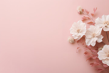 a flower with a white card, flowers and lace on a pink background, in the style of snapshot aesthetic, muted and subtle tones