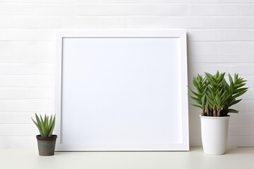 Empty frame on a white mantle with plants , blank mock up for art showcase