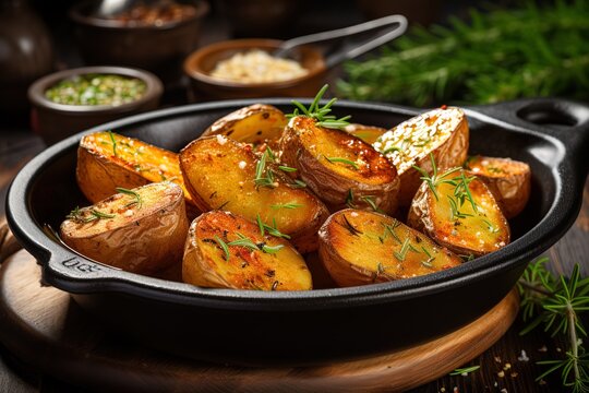 closeup of rustic potatoes with rosemary in iron skillet