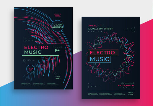 Electronic Music Posters Layout with Neon Sound Waves