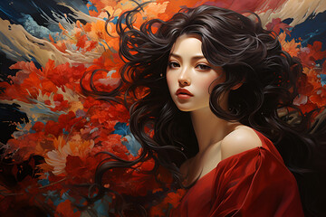 Painting of a Chinese woman with vibrant dark wavy hair wearing a flowing red silk dress