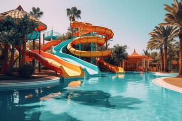 Fototapeta na wymiar Summer empty water park, water fun concept for the whole family, colorful water slides, swimming pool, palm trees. 