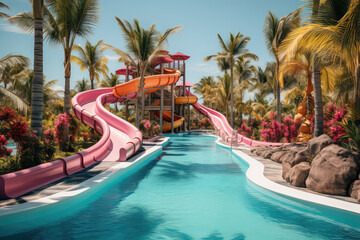 Summer empty water park, water fun concept for the whole family, colorful water slides, swimming...