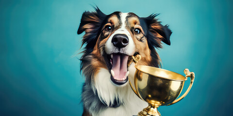 Dog with gold champion trophy on flat blue background with copy space. Creative banner for dog show competition.