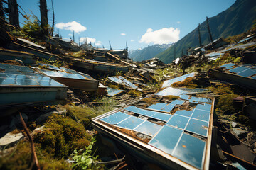 Broken and discarded solar panel in a landfill. Discarded solar panels. 
