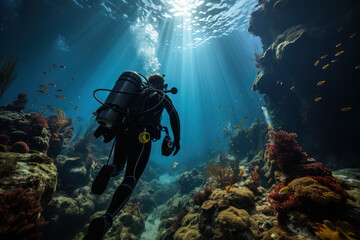 Ocean Explorations. Divers exploring vibrant coral reefs portray the underwater beauty of My Latin America. Generative Ai.