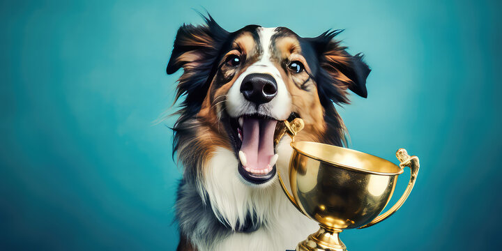 Dog with gold champion trophy on flat blue background with copy space. Creative banner for dog show competition.