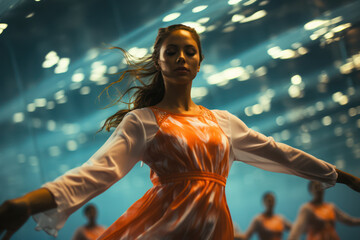 Unity in Motion. Synchronized swimmers create mesmerizing patterns, reflecting teamwork and athleticism. Generative Ai.