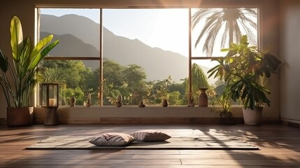 background Serene yoga retreat with open space - obrazy, fototapety, plakaty