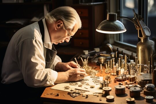 A watchmaker at work at his desk.