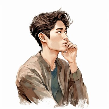 Asian young man in thinking and doubts illustration. Male hipster character with dreamy face on abstract background. Ai generated bright drawn colorful poster.