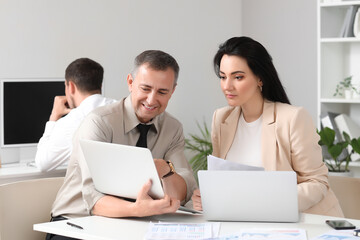 Obraz premium Business consultants working with laptop at table in office