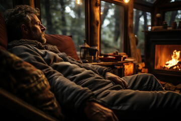 Fototapeta na wymiar A person enjoys the comfort of a cozy cabin in the woods, combining the rustic charm of camping with modern amenities. Generative Ai.