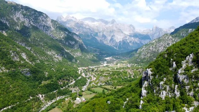 Panning shot over the valley of Theth National Park, Albania. albanian alps