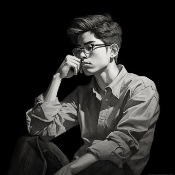 Asian young man in thinking and doubts black and white illustration. Male hipster character with dreamy face on abstract background. Ai generated monochrome drawn colorful poster.