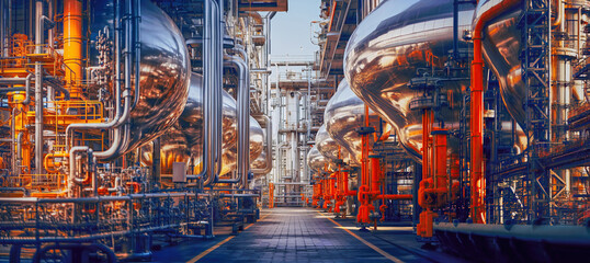 chemical industry architecture with pipes and vessels, refinery, oil, gas, biology, banner, panorama, background, generative ai