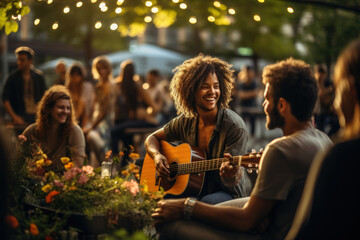 A public plaza hosts live music performances, bringing people together to enjoy music and socialize in an outdoor third space. Generative Ai.
