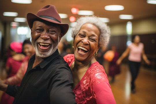 A group of seniors participates in a dance class at a recreation center, forming connections and finding joy in a welcoming third space. Generative Ai.